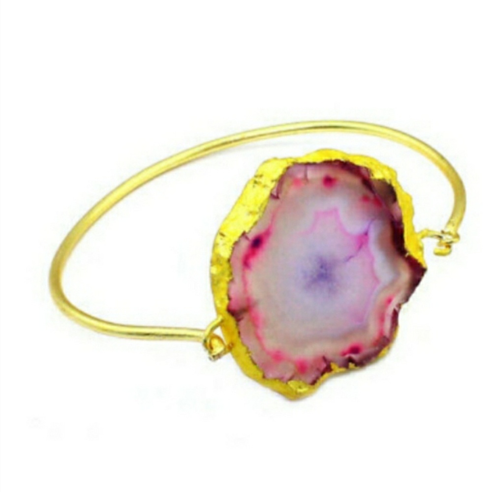 New Gold Wrapped Pink Solar Agate Druzy Bangle Bracelet.
